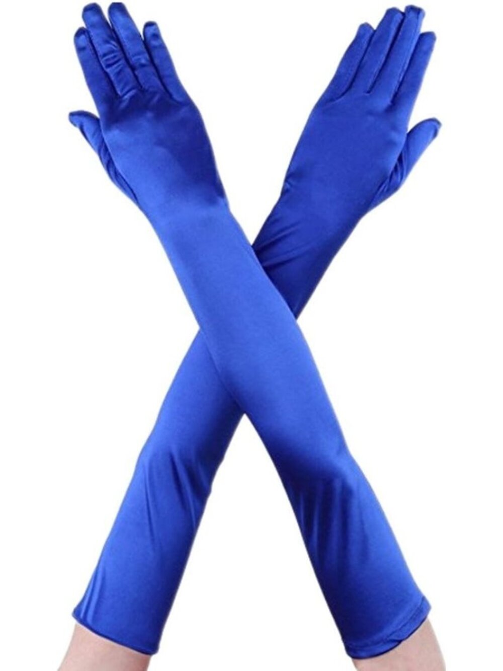 Women's Blue Finger Mittens Over Elbow Long Classic Evening Satin Opera Gloves